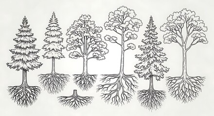 Collection of Hand Drawn Trees with Roots.