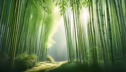 Fototapeta premium Minimalist Bamboo Forest With Swaying Stalks And Soft Sunlight Filtering Through Leaves