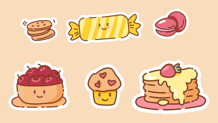 Set of kawaii style sweets including cookies, candy, macarons, cherries, muffin, and pancakes with strawberry. Cute sticker pack for kids, scrapbooking, planners, and digital design.