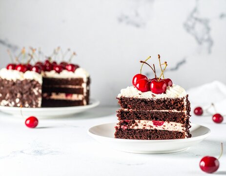 Black forest cake with red cherry photo