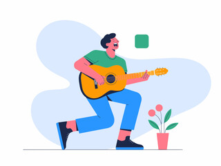 Passionate guitarist serenading with acoustic guitar, modern lifestyle illustration, original vector art