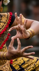 Balinese Dancers Hands Intricate Mudras Gold Jewelry and Henna Art.