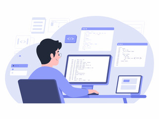 Developer coding complex software on multiple screens in modern minimalist workspace, focused and productive