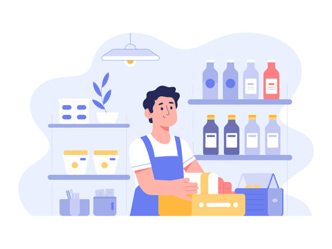 Dedicated shopkeeper arranging products with care, creating an inviting retail atmosphere for customers.