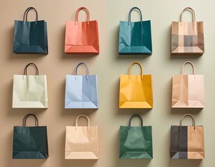 Flat lay of twelve colorful paper shopping bags with handles arranged neatly in a grid on a neutral background.