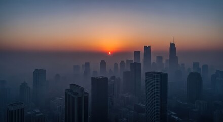 Fototapeta premium Urban sunrise shrouded in mist, silhouetted cityscape awakens with a hazy dawn glow emphasizing