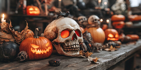 Spooky Halloween Table Decor | Skull and Pumpkin Halloween Display | Creepy Halloween Centerpiece Ideas