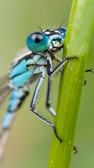 Close-up of a vibrant blue dragonfly on a blade of grass