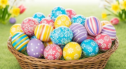 Colorful Easter Eggs in Woven Basket.