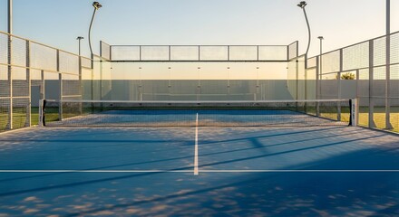 Vibrant blue padel tennis court bathed in the soft glow of morning light, showcasing an inviting outdoor sports arena with clear markings and protective fences, ready for play