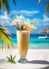 Obraz premium Fresh Coconut Drink with Umbrella on Tropical Beach Background drink, umbrella, cocktail, summer 