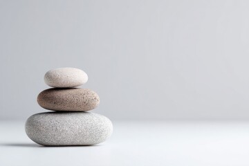 Minimalist zen stone stack on smooth white surface