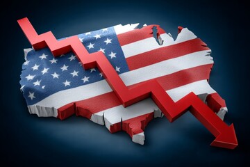 Usa economic downturn depicted with red arrow over american flag map