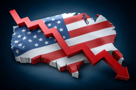 Usa economic downturn depicted with red arrow over american flag map - Powered by Adobe
