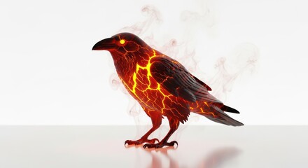 Fiery avian: A captivating 3D rendered raven engulfed in lava-like patterns and glowing eyes