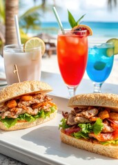 Gourmet Tuna Sandwich Refreshing Coconut Drink and Chilled Beverages in ParadiseIndulge in Coastal Delights A Decadent Sandwich Tropical Coconut and Sparkling Drinks on a Beach Getaway drink, umbrella