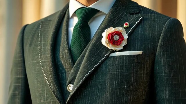 Elegant suit with green tie and flower lapel pin, showcasing style and sophistication.