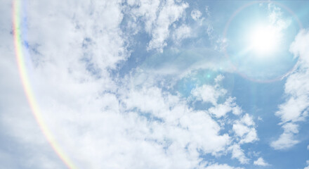 秋晴れ　強い日差しとレンズフレアの光　わふわした薄い雲と夏のようなさわやかな青空　風に流れる雲と美しい天気 