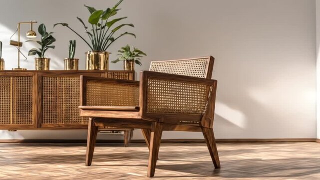 A stylish wooden sideboard and armchair with cane seating in a sunlit room with tropical plants.