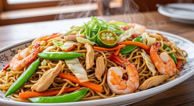 Delicious Pancit Canton with Shrimp and Vegetables on a Plate.