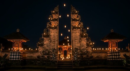 Balinese Temple at Night Floating Lanterns and Candlelight Ceremony.