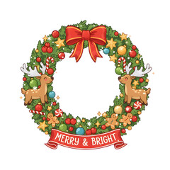 Festive Christmas Wreath Design with Cute Reindeer and Holiday Decorations - Merry and Bright Winter Wonderland Graphic