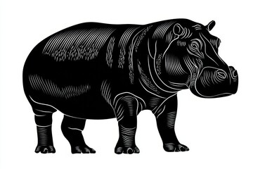 Fototapeta premium Black and white hippopotamus silhouette art illustration