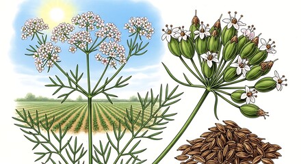 Coriander Plant Botanical Illustration Seeds Flowers.
