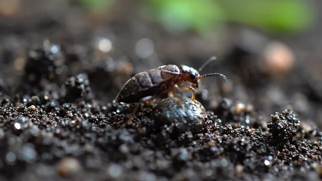 Close up of a small insect on dark soil with pebbles.