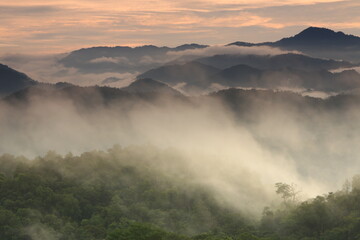 Beautiful morning landscape with mountains and sea of mist at Doi Hua Mod, Umphang Wildlife Sanctuary, Umphang district, Tak Province, Thailand