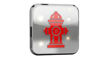 Red Fire Hydrant Icon on Silver Metallic Square.