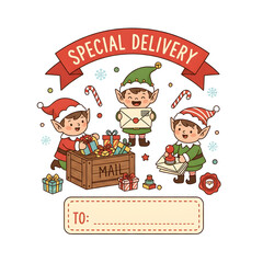 Whimsical Christmas Elf Workshop Festive Gift Preparation & Special Delivery Service - Adorable Holiday Season Illustration