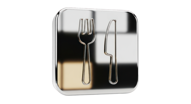 Chrome Restaurant Icon with Fork and Knife Symbol.