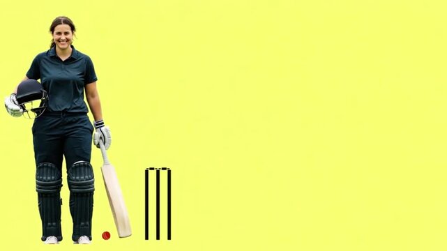 A woman cricketer batter holding bat with helmet ball and wickets on field &ndash; Generative AI