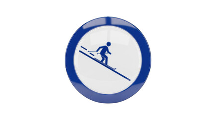 Blue and White Skiing Sign with Skier Icon on White Background.