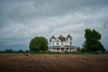 Obraz premium A stately white farmhouse with multiple turrets stands proudly in a rural landscape, framed by lush green trees against a backdrop of a cloudy,