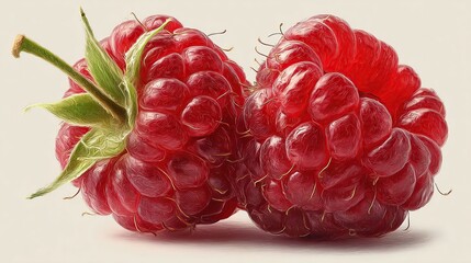 Two vibrant red raspberries, close-up, with visible detail in their textured skin,  sitting side by side on a light beige background.  Fresh and juicy appearance