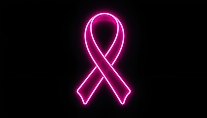 A vibrant pink neon ribbon glows, a symbol of hope against a stark black backdrop.