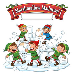 Festive Marshmallow Madness! Playful Christmas Elves Building & Battling with Sweet Treats – Whimsical Holiday Fun, Transparent PNG for Creative Projects