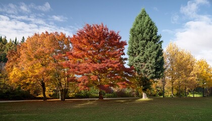 Fototapeta premium Various Types Of Trees Illustrating Seasonal Colors And Textures In A Natural Setting