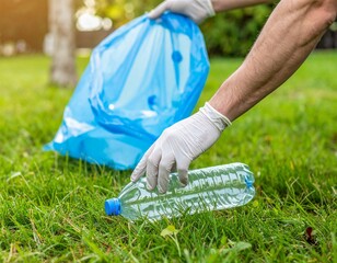 Close-up of gloved hands collecting discarded plastic bottle from vibrant green grass into a blue trash bag, showcasing dedicated environmental cleanup efforts and promoting a sustainable
