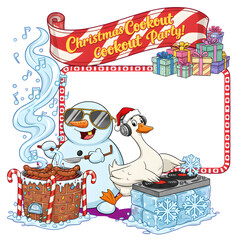 Festive Christmas Cookout Party Extravaganza - Humorous Snowman BBQ & DJ Duck Holiday Celebration - Fun Summer Christmas Event Illustration