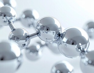 金属質の球体が連結した未来的な分子モデル 光沢のあるシルバーの分子構造イメージ ジェネレーティブAI