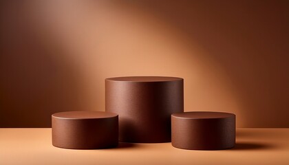 Three Dark Brown Round Cylindrical Podiums On A Brown Background