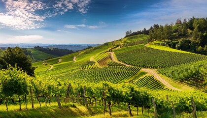 Rows Of Vibrant Grapevines Cover The Hillside With Winding Paths Leading Through The Lush Greenery On A Sunny Day