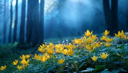 Vibrant Yellow Flowers Bloom In A Serene Forest Under Soft Blue Light During Early Morning Hours