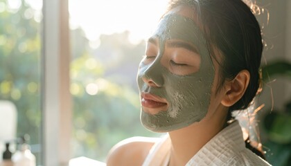Asian woman meditating with clay face mask in sunlight