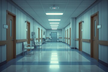 Empty modern hospital corridor, clinic hallway interior background.