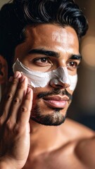Bearded man applying white clay mask to face