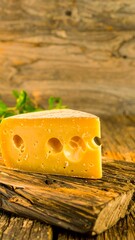 Cheese wedge on rustic board